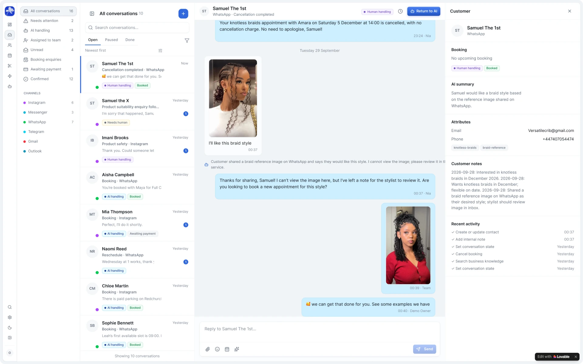 Pingbase inbox showing customer conversations, images and booking details